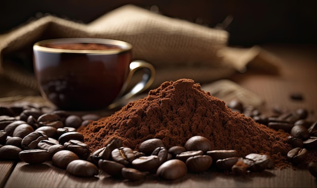 Coffee beans and ground coffee on wooden background Selective focus