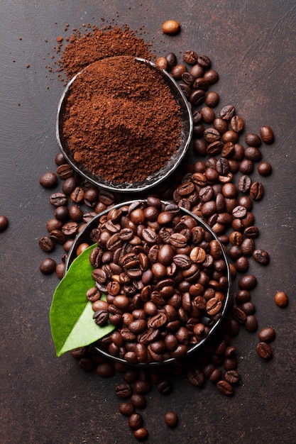 Coffee beans and ground powder