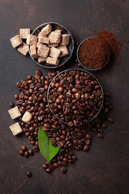 Coffee beans and ground powder