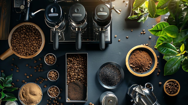 Photo coffee beans grounds and equipment lay out on a dark flat surface