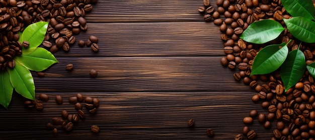 Coffee beans and leaves on wooden background Top view