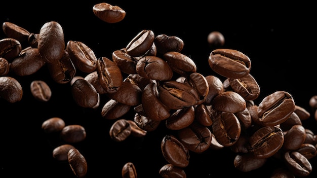 Coffee beans levitate on a black background Created with Generative AI technology