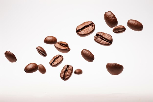 coffee beans levitate on a white background