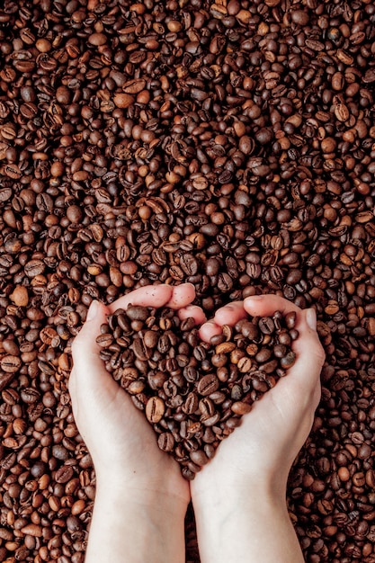 Coffee beans in man palms in form of a heart on coffee background