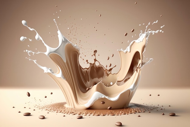 Coffee beans and milk falling into splash of coffee AI Generation