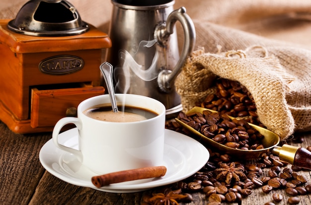 Coffee beans on an old background