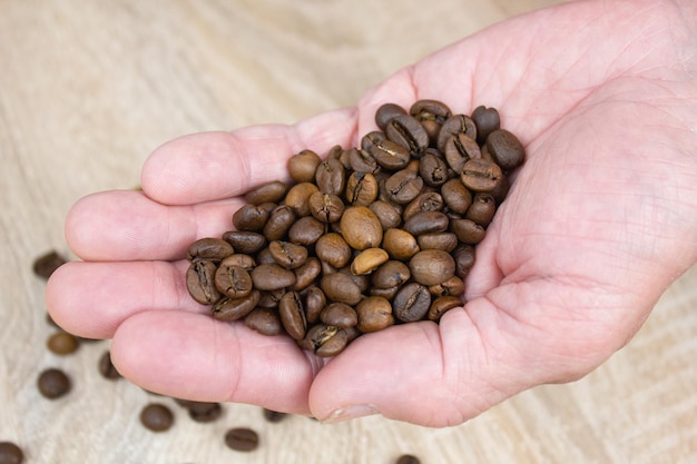 Coffee beans in the palm of a manNatural coffee beans in his hand