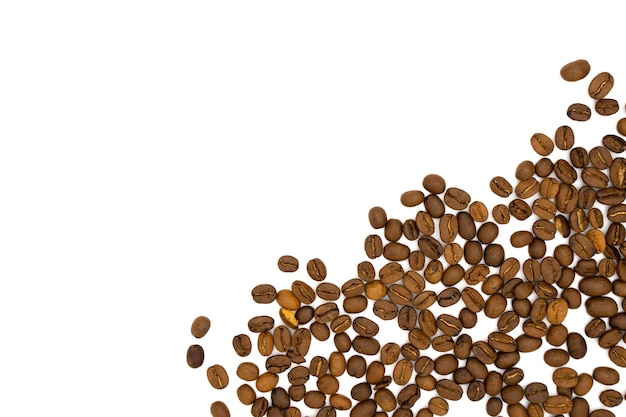 Coffee beans pile from top copy space for text on white background