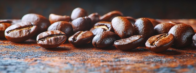 Coffee beans rich brown texture scattered on a wooden surface soft morning light