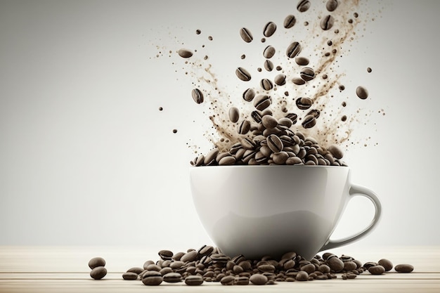 Coffee beans roasting in a hot cup on a wooden table with a white backdrop and copyspace for your words