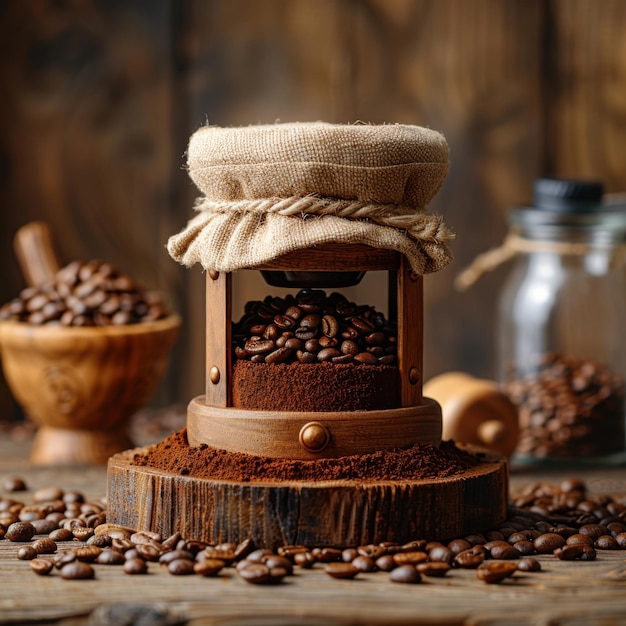 Photo coffee beans in a rustic grinder on a wooden surface