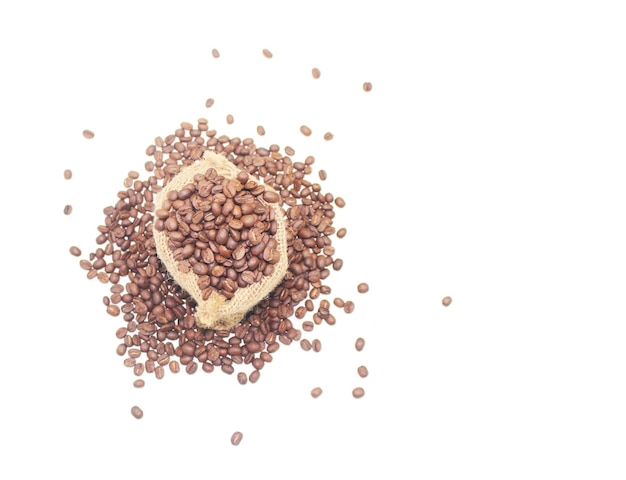 Coffee beans in a sack bag on white background