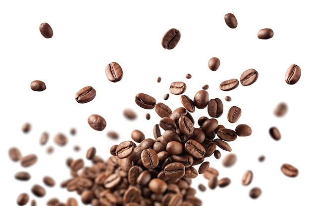 Coffee beans scattered in the air isolated on a white background Falling coffee beans on white spac