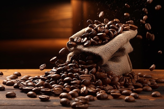 Coffee beans spilling out of a bag onto a table