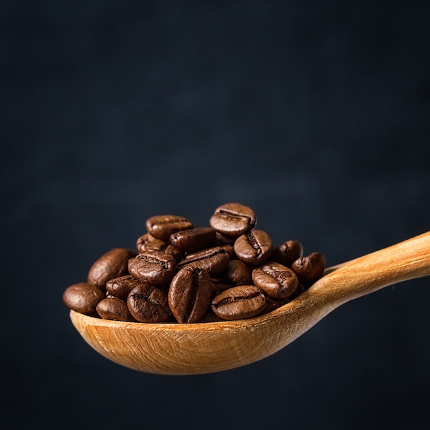  coffee beans in a spoon on gray 