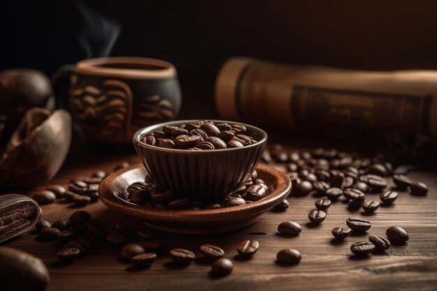 Coffee beans on a table with a newspaper article about coffee beans.