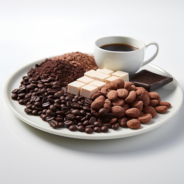 Coffee Beans Tea and Cocoa Granules on a Plate White Background