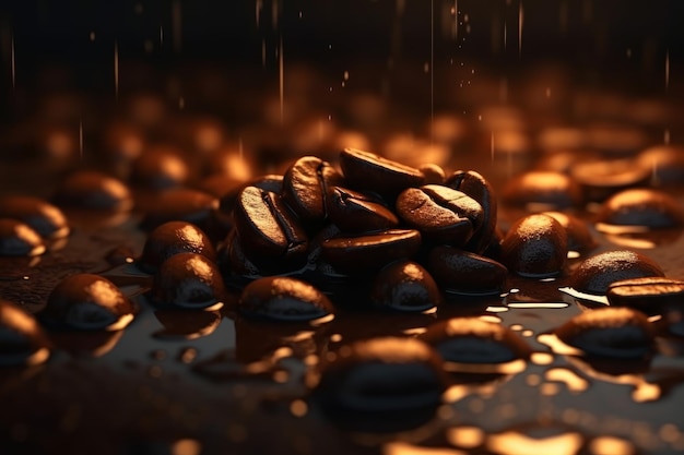 Coffee beans on a wet surface with a drop of water falling on them.