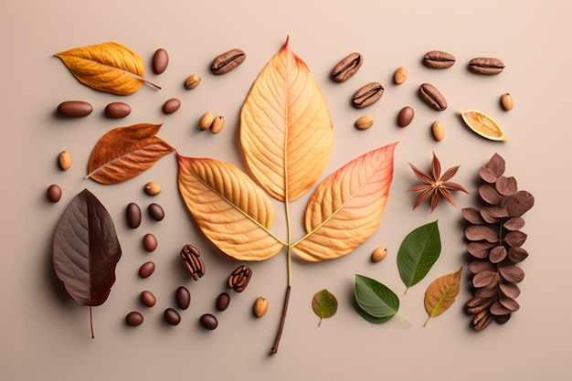 Coffee beans with autumn leaves flat lay