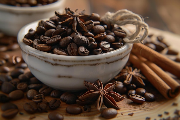 Photo coffee beans with cinnamon and anise