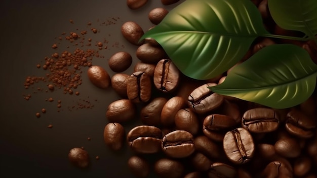 Coffee beans with green leaves on a dark background