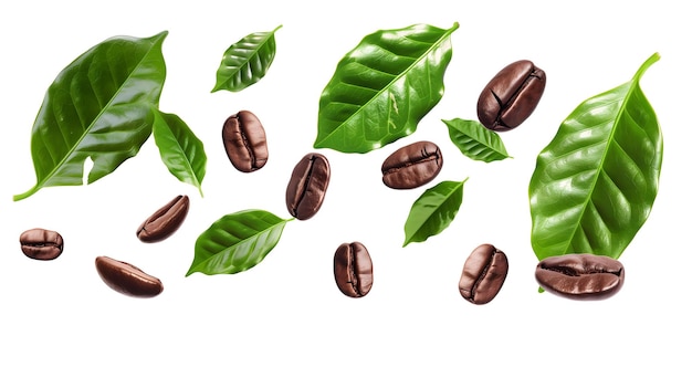 Coffee Beans with Green Leaves Flying Isolated on White Background