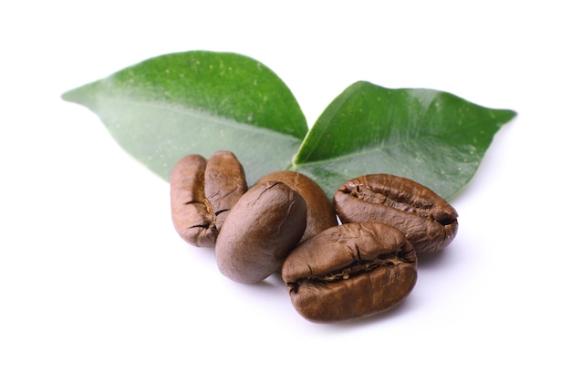 Coffee beans with leaves isolated on white