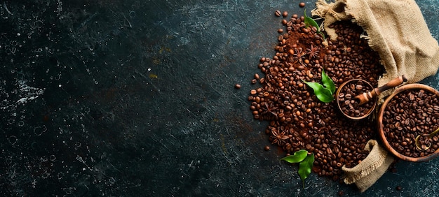 Coffee beans On a wooden background Top view Copy space