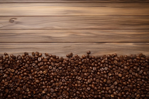 Coffee beans on wooden background Top view with copy space