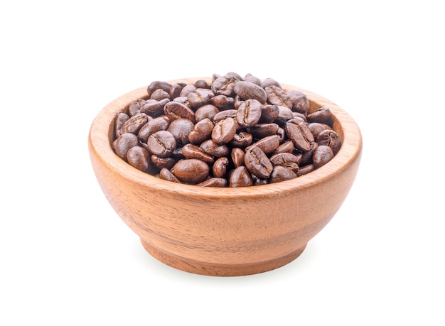 Coffee beans in wooden bowl isolated on white background