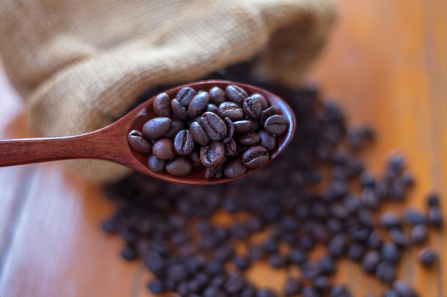 Coffee beans in wooden spoon