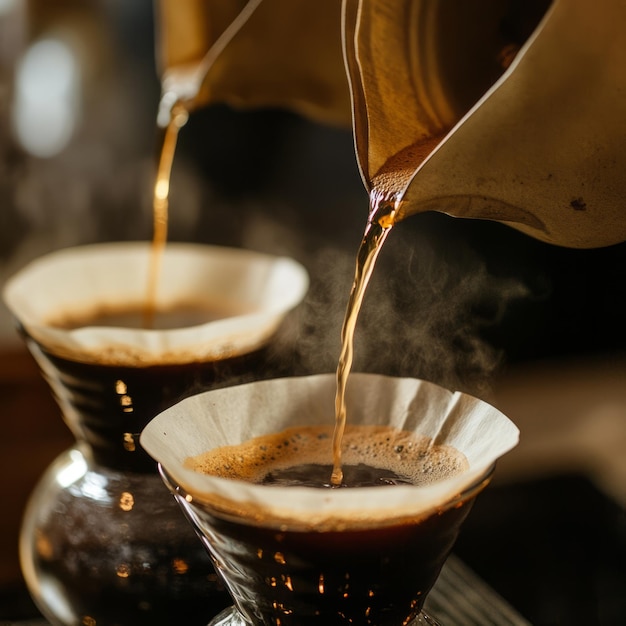 Photo coffee being poured into a filter with steam rising showcasing the brewing process