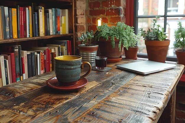 Photo coffee books and a laptop in a cozy room