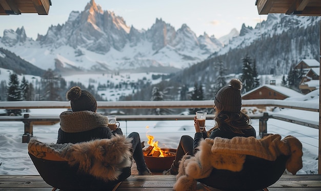 Photo coffee break in a cozy mountain chalet with a fireplace