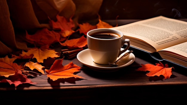 coffee break on the table with a book autumn background Generative AI