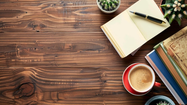 Photo coffee break on a wooden table with books and cacti