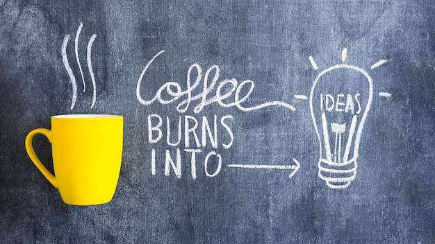 Coffee burns into idea light bulb drawn with chalk on chalkboard