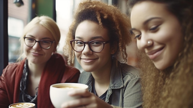 At a coffee cafe three young women relax with a cup of coffee Generative AI