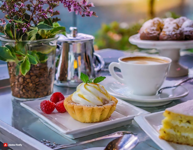 Coffee and cakes on a table in a cafe with flowers