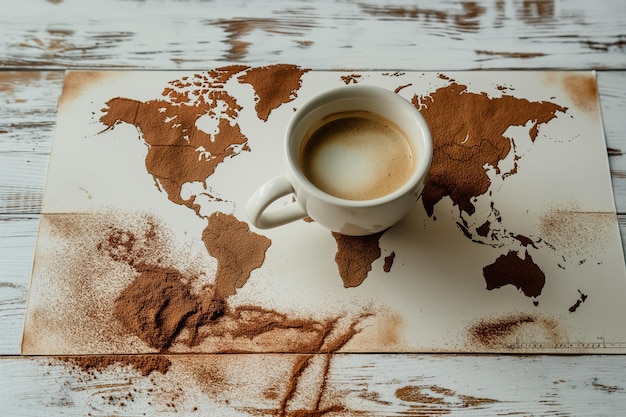 Photo coffee cappuccino in cafe with chocolate and cynnamon and world map travel and cafe hot drink