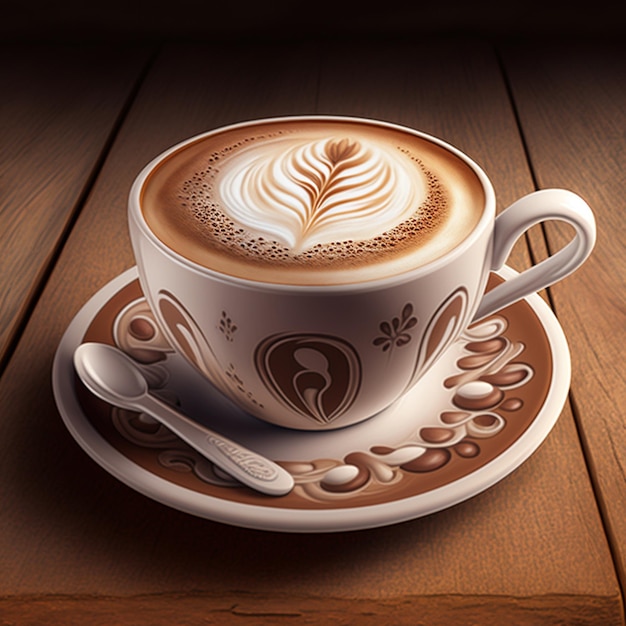 Coffee cappuccino in ceramic cup on wooden table