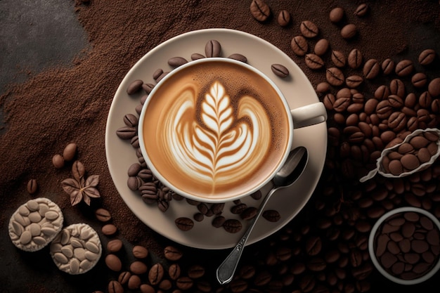 Coffee or a cappuccino with milk and roasted beans espresso background