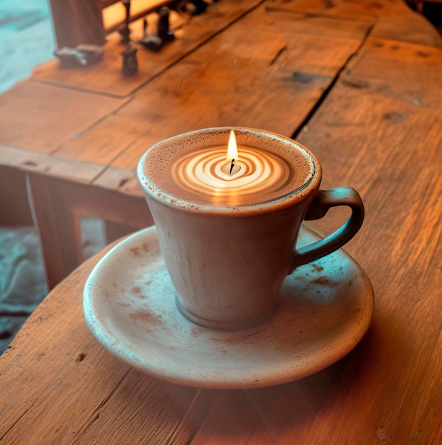 Coffee in Ceramic Mug on Rustic Wooden Table with Candle Flame in the Center