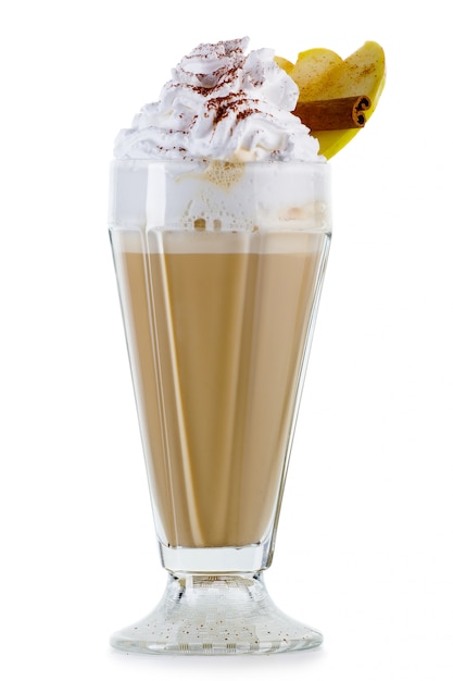 Coffee cocktail with cream (frappuccino) with fruits and spices isolated