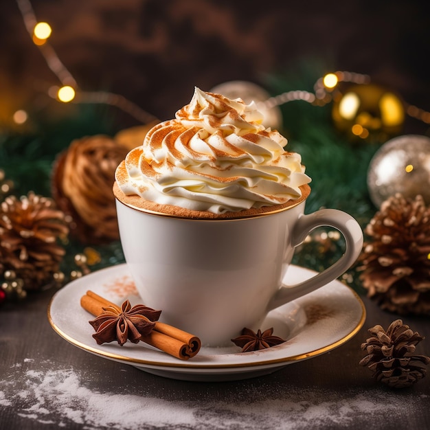 A coffee or cocoa cup adorned with whipped cream and cinnamon Christmassy ambiance