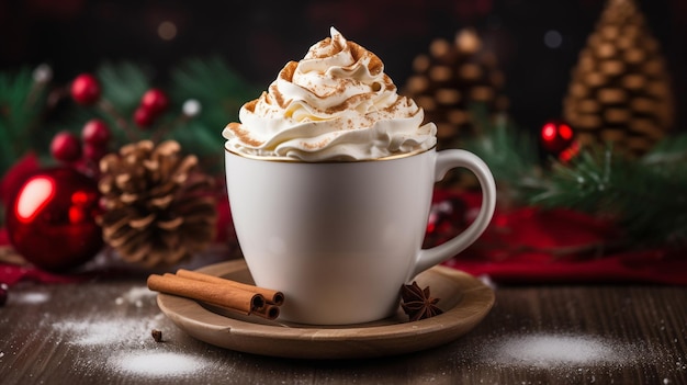 A coffee or cocoa cup adorned with whipped cream and cinnamon Christmassy ambiance