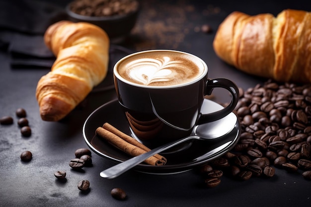 Coffee and a croissant on a table with coffee beans