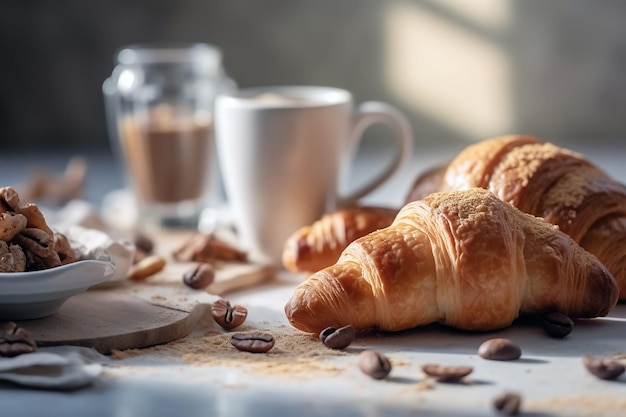 Coffee and croissants on a table under morning lights Generated ai