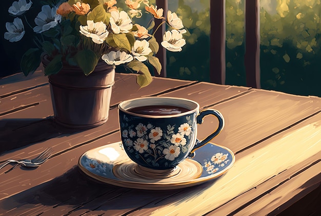 A coffee cup on an antique wooden table with fresh flowers in the spring