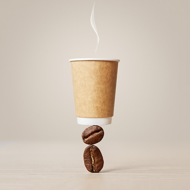 Coffee cup balancing on coffee beans. Mockup of a coffee cup on a beige background.